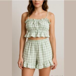 Favlux White and Green Checkered two piece ruffle shorts and crop top set large